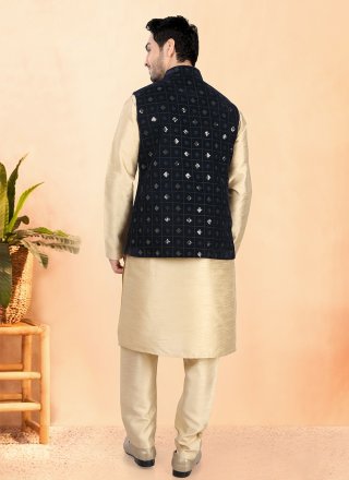 Embroidered, Sequins and Thread Work Art Silk Kurta Payjama with Jacket In Gold and Blue