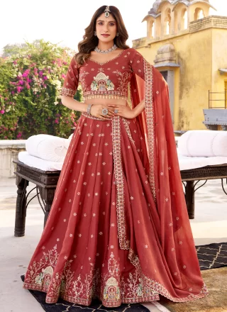 Embroidered, Sequins and Thread Work Crush Lehenga Choli In Rust