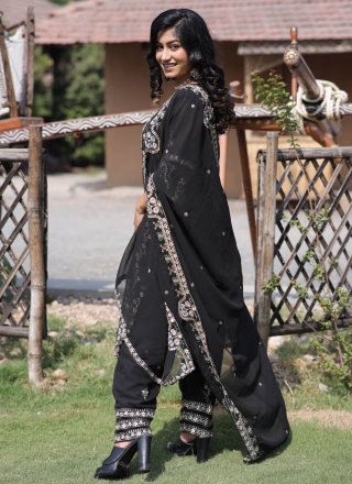 Embroidered, Sequins and Thread Work Faux Georgette Readymade Style In Black