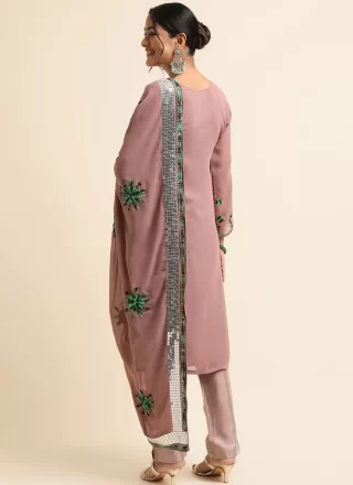 Embroidered, Sequins and Thread Work Faux Georgette Salwar Suit In Pink and Rust Colour