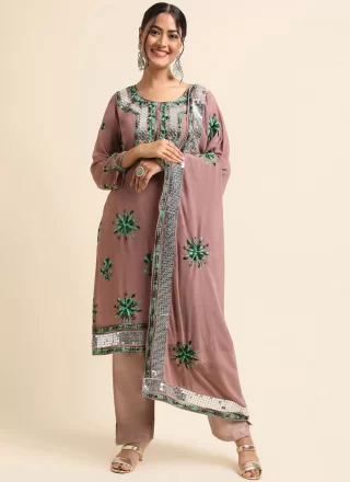 Embroidered, Sequins and Thread Work Faux Georgette Salwar Suit In Pink and Rust Colour