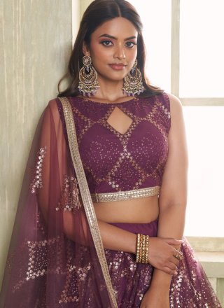 Embroidered, Sequins and Thread Work Net A - Line Lehenga Choli In Wine