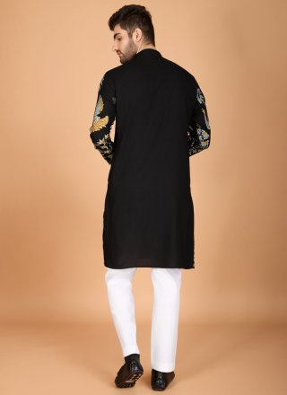 Embroidered, Sequins and Thread Work Rayon Kurta Mens Wear In Black for Ceremonial