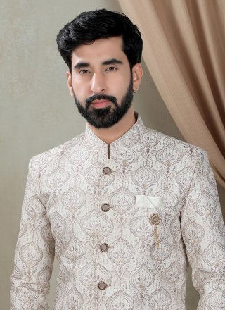 Embroidered, Sequins and Thread Work Silk Indo Western In Cream Color