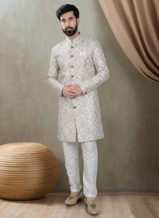 Embroidered, Sequins and Thread Work Silk Indo Western In Cream Color