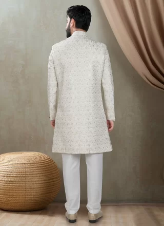 Embroidered, Sequins and Thread Work Silk Indo Western In Cream Color
