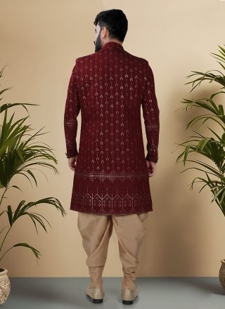 Embroidered, Sequins and Thread Work Silk Indo Western In Maroon