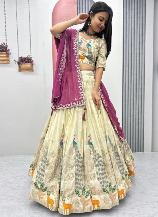 Embroidered, Sequins and Thread Work Silk Readymade Lehenga Choli In Off White for Festival
