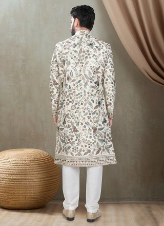 Embroidered, Sequins and Thread Work Silk Sherwani Mens Wear In Cream