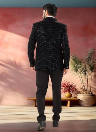 Embroidered, Sequins and Thread Work Velvet Tuxedo Suit In Black