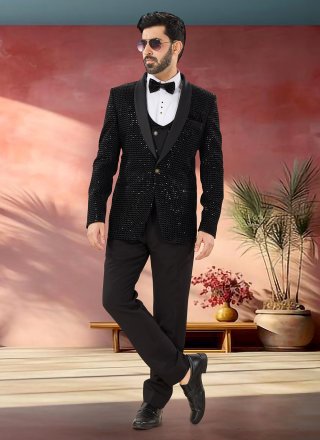 Embroidered, Sequins and Thread Work Velvet Tuxedo Suit In Black