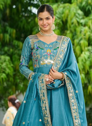 Embroidered, Sequins and Thread Work Vichitra Silk Gown In Teal for Festival