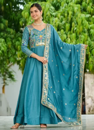 Embroidered, Sequins and Thread Work Vichitra Silk Gown In Teal for Festival