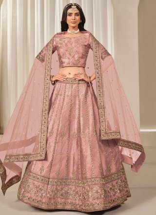 Embroidered, Sequins and Zari Work Art Silk Lehenga Choli In Pink Color