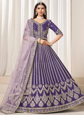 Embroidered, Sequins and Zari Work Art Silk Lehenga Choli In Purple for Engagement