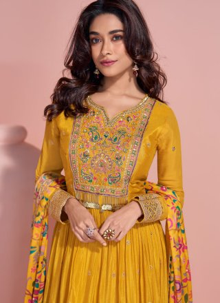 Embroidered, Sequins and Zari Work Chinon  Designer Gown In Mustard Colour