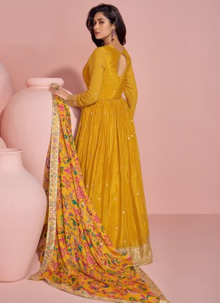 Embroidered, Sequins and Zari Work Chinon  Designer Gown In Mustard Colour