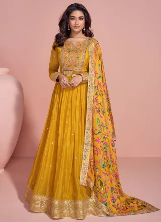 Embroidered, Sequins and Zari Work Chinon  Designer Gown In Mustard Colour
