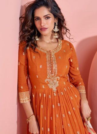 Embroidered, Sequins and Zari Work Chinon  Designer Gown In Orange for Ceremonial