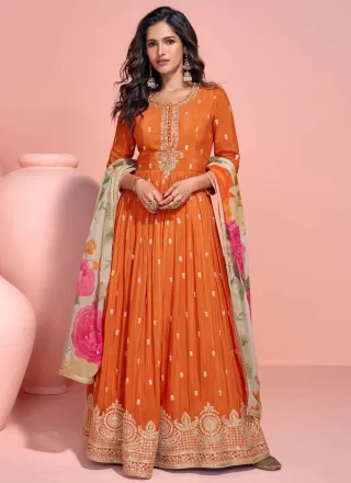 Embroidered, Sequins and Zari Work Chinon  Designer Gown In Orange for Ceremonial