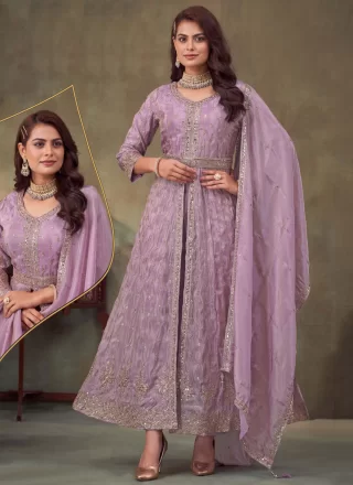 Embroidered, Sequins and Zari Work Chinon Floor Length Salwar Suit In Lavender Color