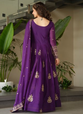 Embroidered, Sequins and Zari Work Chinon Gown In Purple for Ceremonial