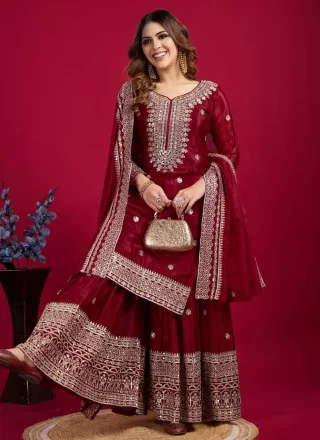 Embroidered, Sequins and Zari Work Chinon Readymade Salwar Suit In Maroon and Rani for Festival