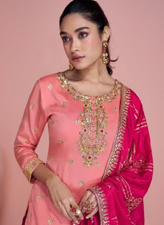 Embroidered, Sequins and Zari Work Chinon Readymade Salwar Suit In Pink for Mehndi
