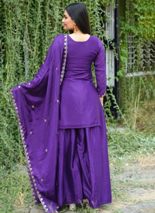 Embroidered, Sequins and Zari Work Chinon Readymade Salwar Suit In Violet Color