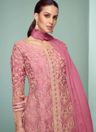Embroidered, Sequins and Zari Work Chinon Readymade Style In Magenta