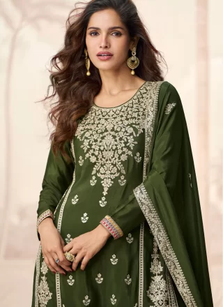 Embroidered, Sequins and Zari Work Chinon Salwar Suit In Green Colour