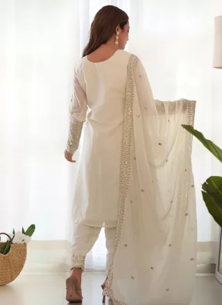 Embroidered, Sequins and Zari Work Chinon Salwar Suit In Off White
