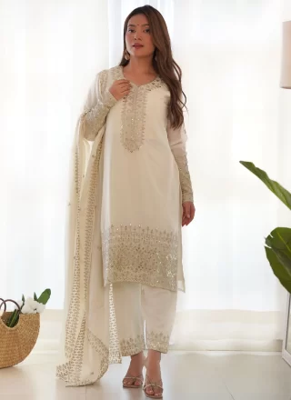 Embroidered, Sequins and Zari Work Chinon Salwar Suit In Off White
