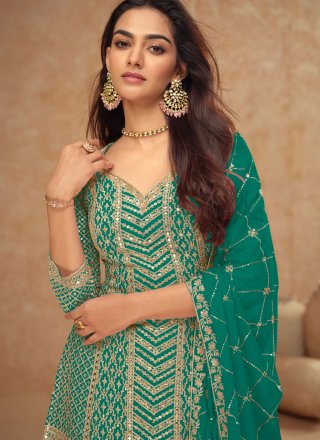 Embroidered, Sequins and Zari Work Chinon Salwar Suit In Rama