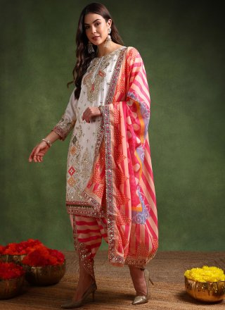 Embroidered, Sequins and Zari Work Chinon Salwar Suit In White