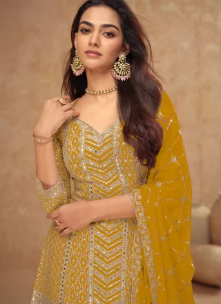 Embroidered, Sequins and Zari Work Chinon Salwar Suit In Yellow Colour