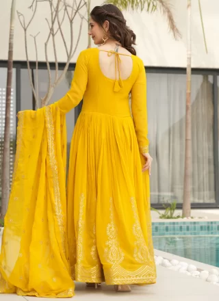 Embroidered, Sequins and Zari Work Faux Georgette  Designer Gown In Yellow for Ceremonial