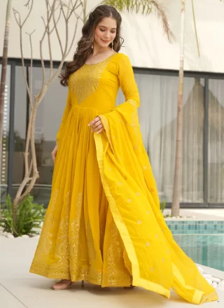 Embroidered, Sequins and Zari Work Faux Georgette  Designer Gown In Yellow for Ceremonial