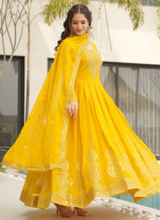 Embroidered, Sequins and Zari Work Faux Georgette  Designer Gown In Yellow for Ceremonial