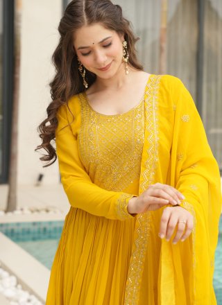 Embroidered, Sequins and Zari Work Faux Georgette  Designer Gown In Yellow for Ceremonial