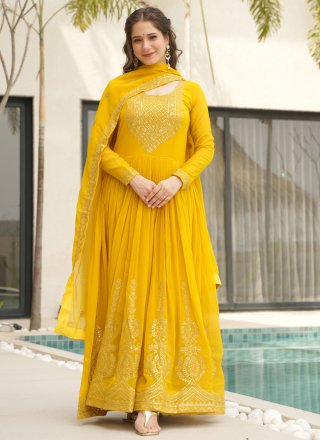 Embroidered, Sequins and Zari Work Faux Georgette  Designer Gown In Yellow for Ceremonial