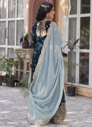 Embroidered, Sequins and Zari Work Faux Georgette Gown In Blue for Engagement