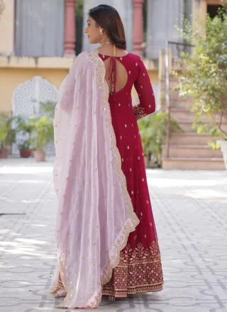 Embroidered, Sequins and Zari Work Faux Georgette Gown In Maroon and Rani