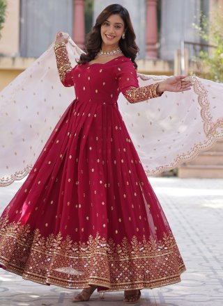 Embroidered, Sequins and Zari Work Faux Georgette Gown In Maroon and Rani