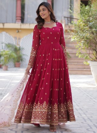 Embroidered, Sequins and Zari Work Faux Georgette Gown In Maroon and Rani