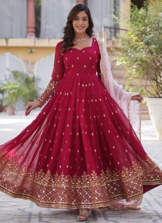 Embroidered, Sequins and Zari Work Faux Georgette Gown In Maroon and Rani