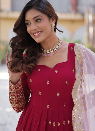 Embroidered, Sequins and Zari Work Faux Georgette Gown In Maroon and Rani