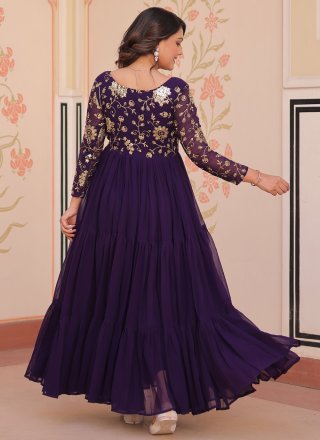 Embroidered, Sequins and Zari Work Faux Georgette Gown In Purple for Ceremonial