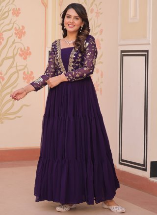Embroidered, Sequins and Zari Work Faux Georgette Gown In Purple for Ceremonial