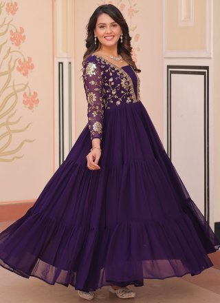 Embroidered, Sequins and Zari Work Faux Georgette Gown In Purple for Ceremonial
